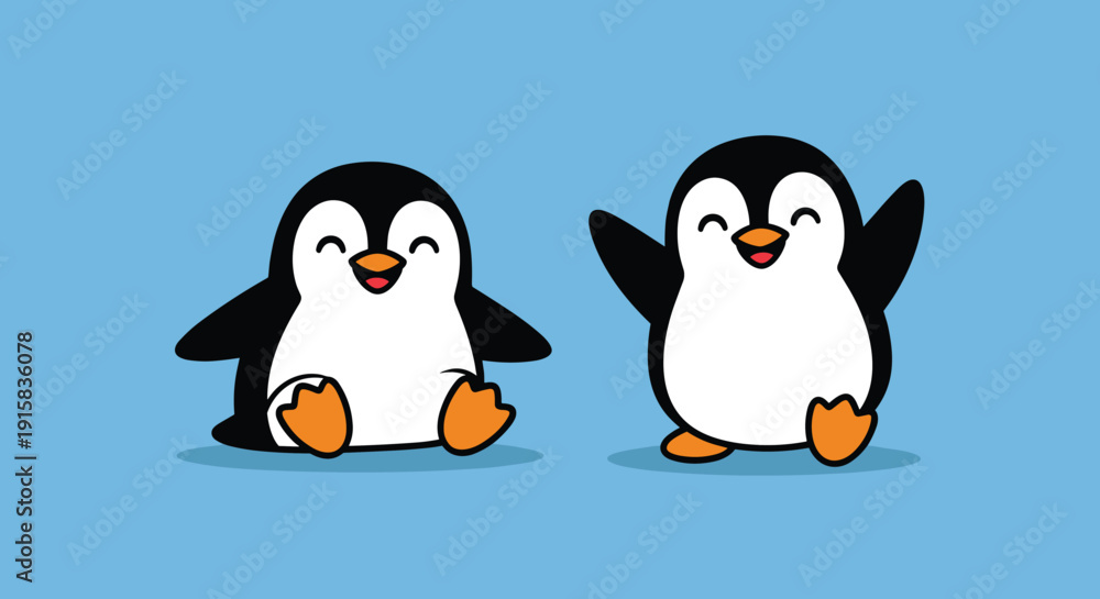 Obraz premium Happy Cartoon Penguins Standing Together.