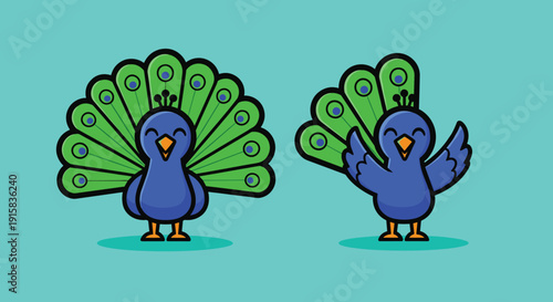 Blue Peacock Bird Cartoon Character Illustration.