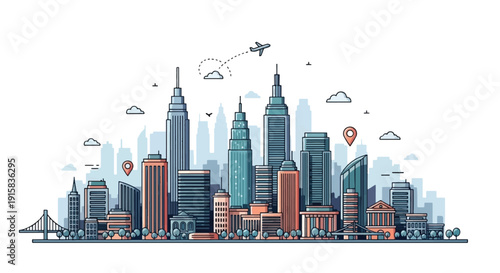 Modern City Skyline Travel Destination Urban Tourism Minimal Vector Illustration