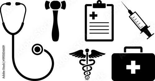 Healthcare and medical equipment silhouette icons featuring stethoscope, syringe, reflex hammer, clipboard, caduceus symbol and first aid kit isolated on white background