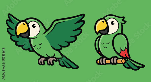 Two Cartoon Parrots with Green Feathers.