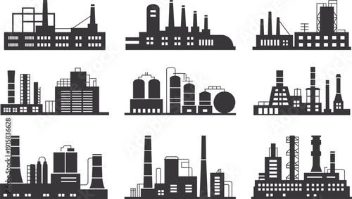 Industrial Factory and Manufacturing Plant Silhouette Icons Set Featuring Refinery, Power Station and Chemical Industry Buildings Isolated on White Background for Engineering Design