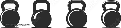 Kettlebell fitness icon set in black silhouette style, strength training weight equipment vector illustration isolated on white background for gym and workout design