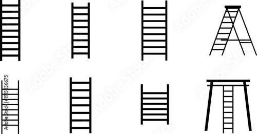 Ladder silhouette icon set isolated on white background, black step and extension ladders collection for construction safety, maintenance, access equipment, diagrams and vector illustration
