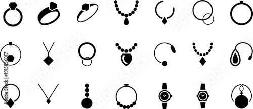 Minimal jewelry icons collection featuring rings necklaces bracelets earrings watches in modern flat silhouette style for fashion branding app ui design projects