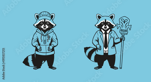 Illustration of Raccoon Characters in Outfits.
