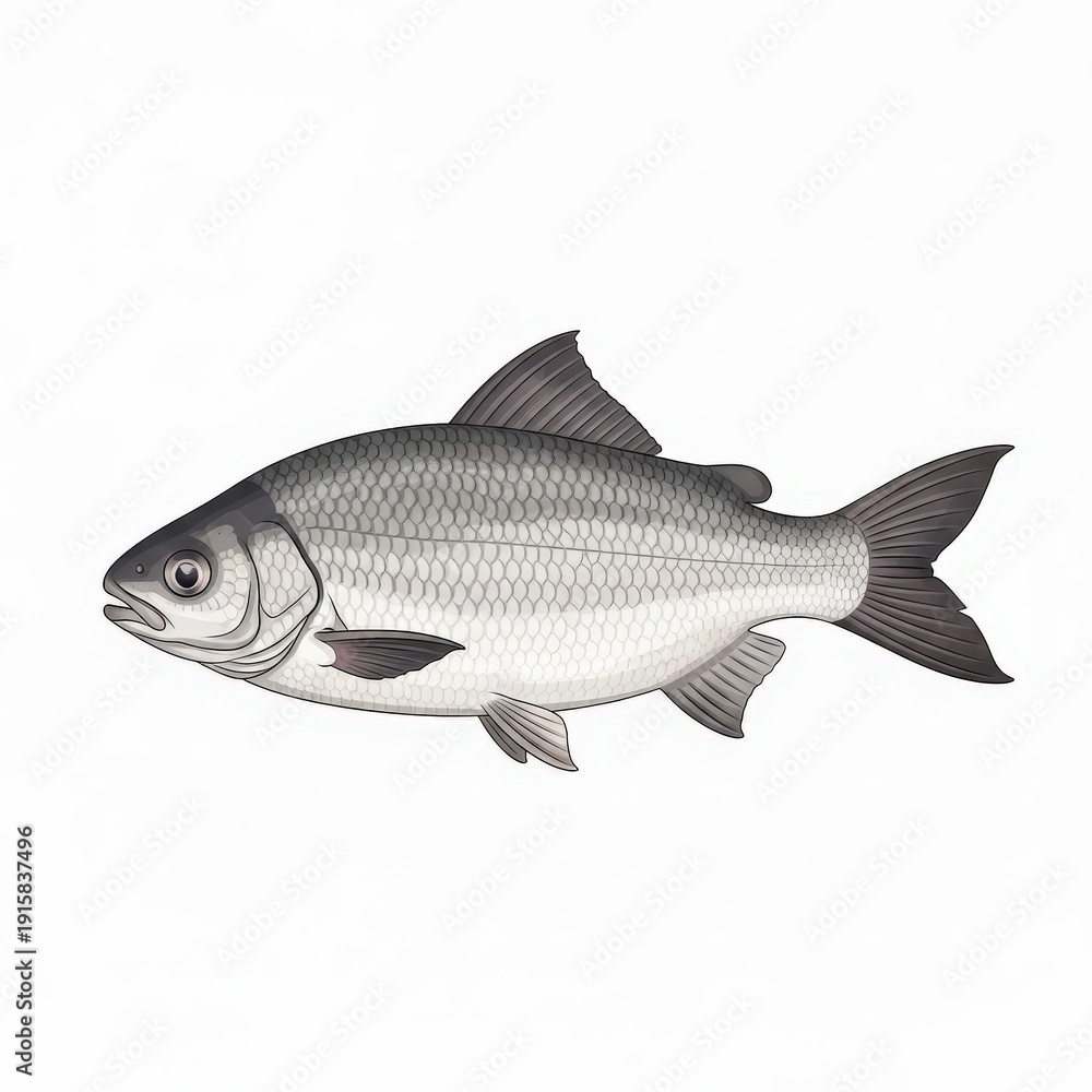 Fototapeta premium Gray Fish Illustration on White Background.