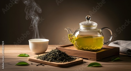 Steaming glass teapot with tea leaves and cup