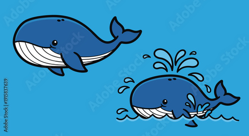 Two Cartoon Whales in Water Scene.