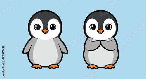 Cartoon Penguins Standing on Light Blue Background.