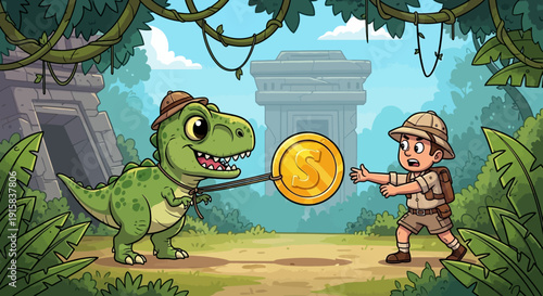 Cartoon Dinosaur and Explorer Trading Gold Coin.