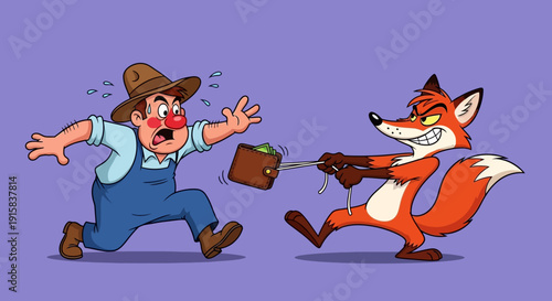 Cartoon Farmer Running from Fox Character.