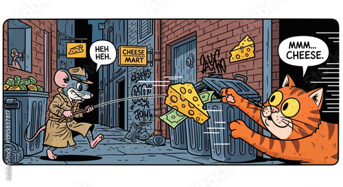 Cartoon Cat Stealing Cheese from Trash.