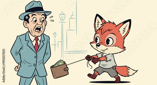 Cartoon Fox in Suit Walking Dog Man.