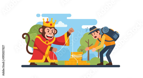 Cartoon Monkey and Man with Backpack.