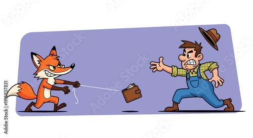 Cartoon Fox Pulling Man with Luggage.