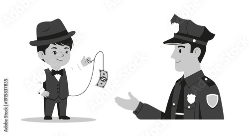 Cartoon Policeman Arresting Man with Handcuffs.