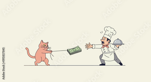 Chef Pulling Cat with Money Bag.