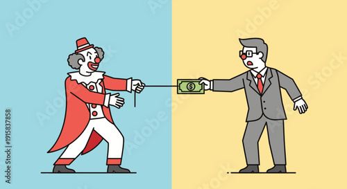 Clown Pulling Man with Money.