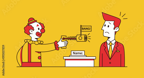 Clown handing man a bang device.