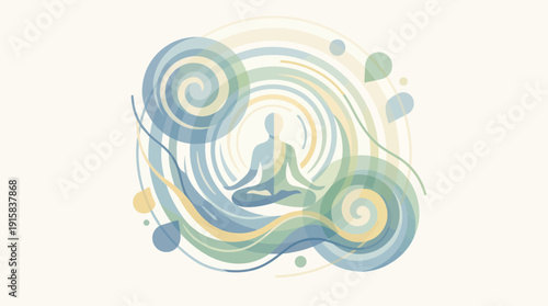 Serene person meditating in harmony with swirling abstract design