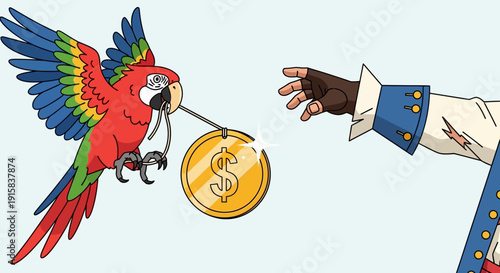 Colorful Parrot Holding Dollar Coin in Beak.