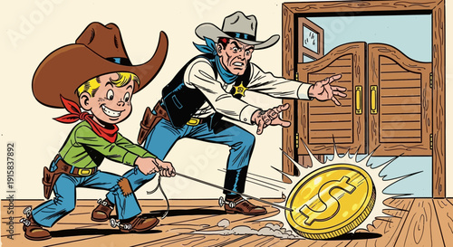 Cowboy and Youngster Pulling Large Dollar Coin.