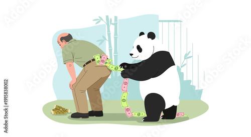 Man Feeding Panda with Bamboo Shoots.