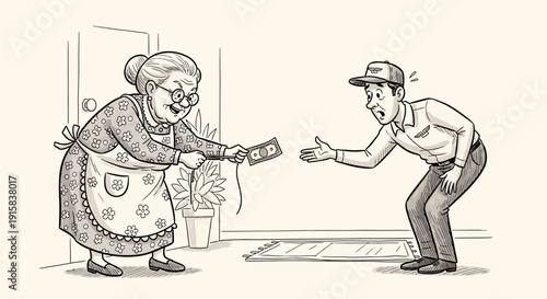 Man receiving money from elderly woman.