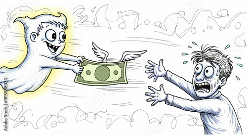 Man Receiving Money from Cartoon Character.