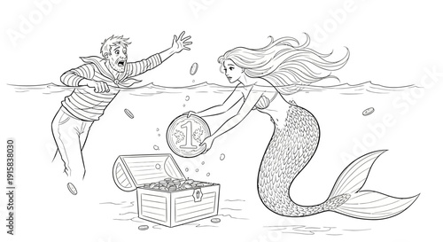Mermaid and Sailor Discovering Treasure Chest.
