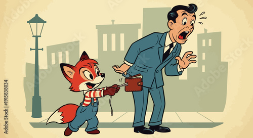 Man Yelling at Fox Pickpocketing Briefcase.