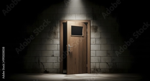 Mysterious dimly lit door with small window in a dark room
