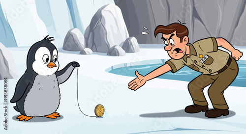 Penguin Playing with Man on Iceberg.