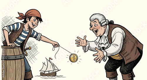 Pirate and Old Man Fighting Over Treasure.