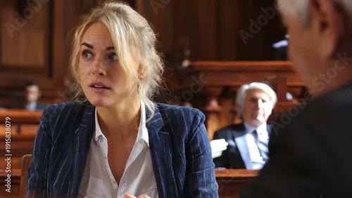 Medium shot of a legal professional coaching a nervous witness for a criminal trial emphasizing body language and truthful testimony in a formal setting.