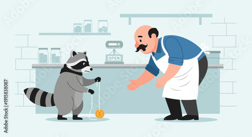 Raccoon and man interacting in kitchen.