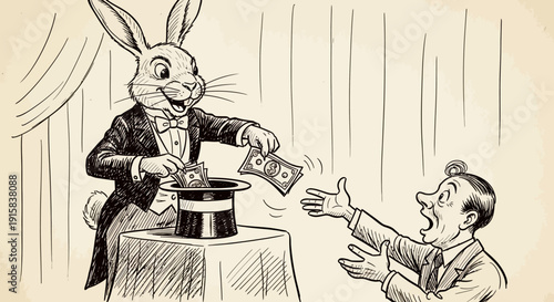 Rabbit in Suit Performing Magic Trick.