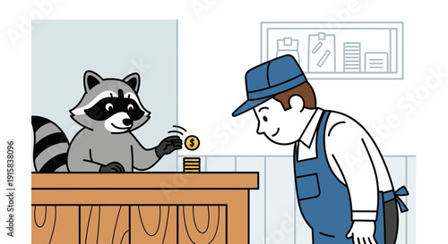 Raccoon Receiving Coin from Customer at Counter.