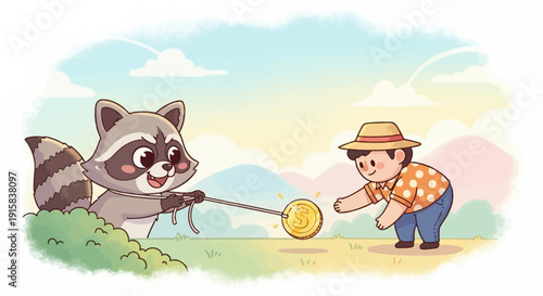Raccoon and Boy Playing with Coin.