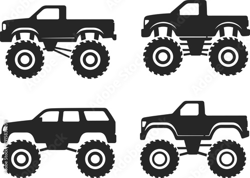 Monster Truck and Lifted Off Road Pickup Silhouettes Collection Featuring Big Wheel 4x4 Vehicles and Offroad SUV Icons Isolated on White Background
