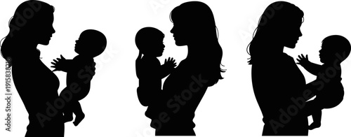 Mother and baby silhouette collection showing loving maternal moments, black vector family bonding illustrations for parenting concepts, maternity branding, childcare education, emotional design, 