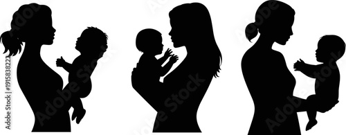 Mother and baby silhouette set illustrating tender maternal bonding moments, black vector family illustrations for parenting themes, maternity branding, childcare education, 