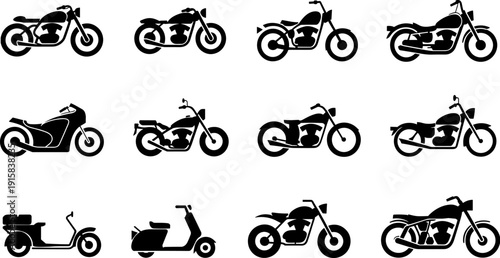 Motorcycle and scooter silhouettes collection featuring cruiser, chopper, cafe racer and classic motorbike styles isolated on white background, detailed vector icon set