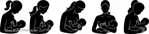 Mother breastfeeding newborn baby silhouette illustration showing multiple nursing positions, maternal care, bonding, and infant nutrition concept isolated on white background vector design