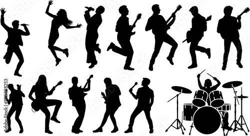 Music band silhouette set with singers, guitarists, drummer, and performers jumping on stage, black and white illustration for concert posters, live shows, entertainment branding, 
