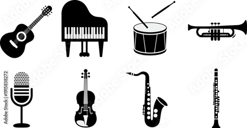 Musical instrument icons set showing guitar piano drum trumpet microphone violin saxophone and clarinet in clean black vector silhouette style for music design