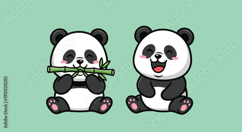 Cute Cartoon Pandas Eating Bamboo Sticks.
