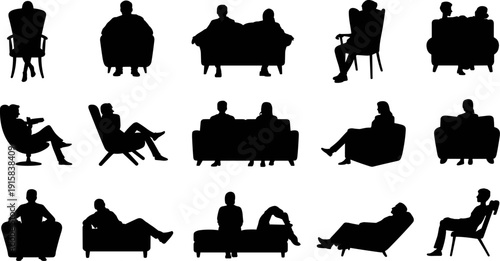 People Sitting on Sofa and Armchair Silhouettes Set, Relaxed Men and Women in Living Room Furniture Black Isolated Vector Collection
