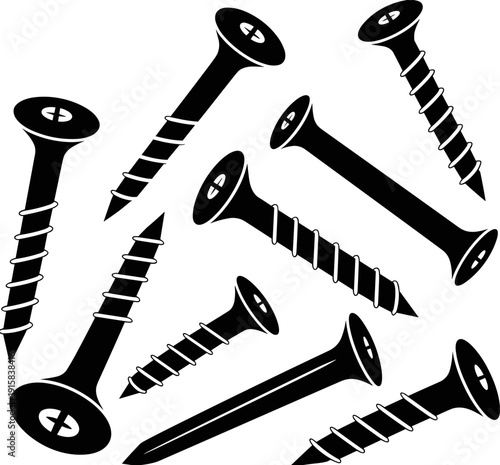 Phillips head screw silhouettes collection in various angles, black metal fastener hardware set isolated on white background, detailed vector illustration for construction and repair design
